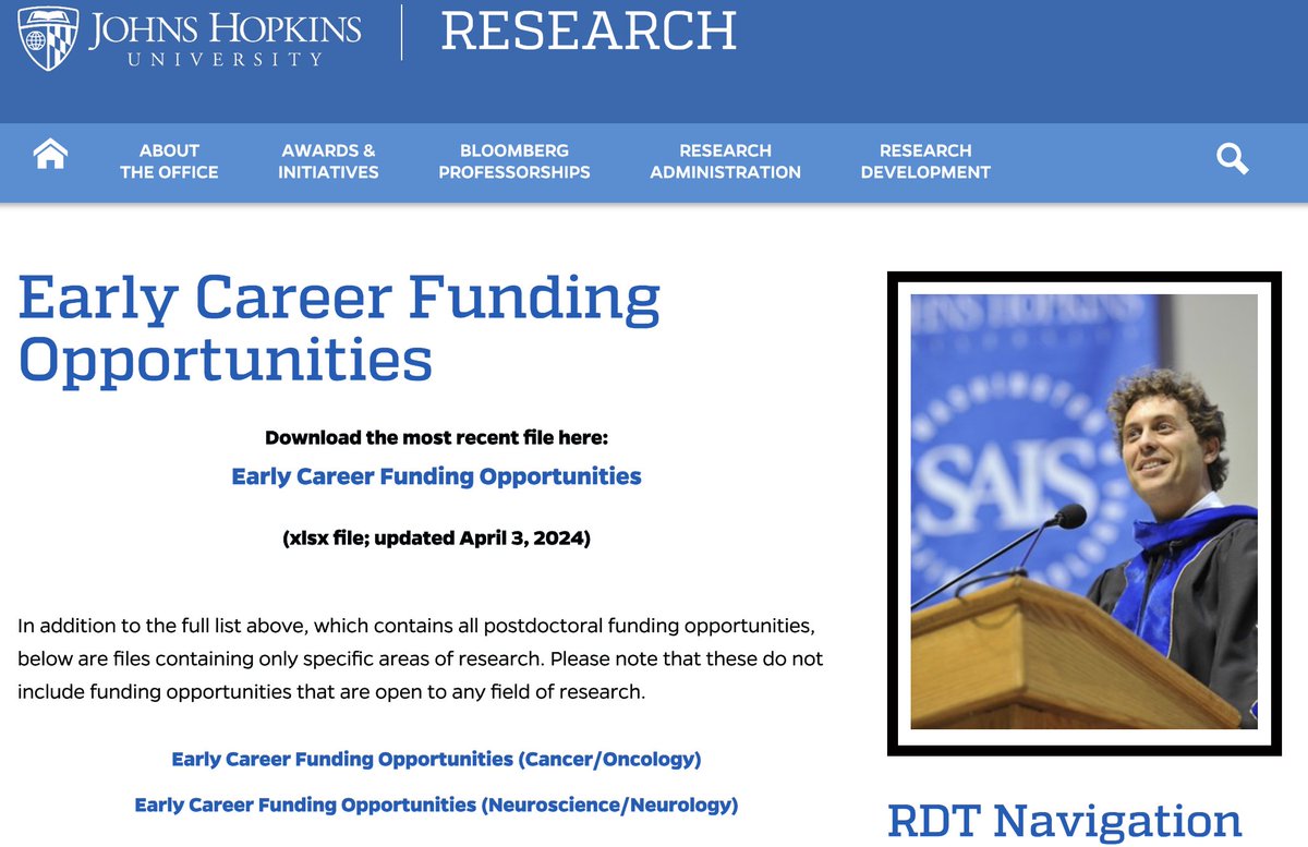 Massive database of funding opportunities for early-career researchers in any field.

For each of the 396 entries (!!), we provide a description of the award, link to funder, eligibility criteria, deadline, and $ amount.

Download it here: research.jhu.edu/rdt/funding-op…