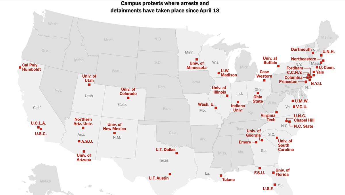 Map of places where cops are arresting students for protesting a US-enabled genocide.

And people wonder why Biden is struggling in the polls.