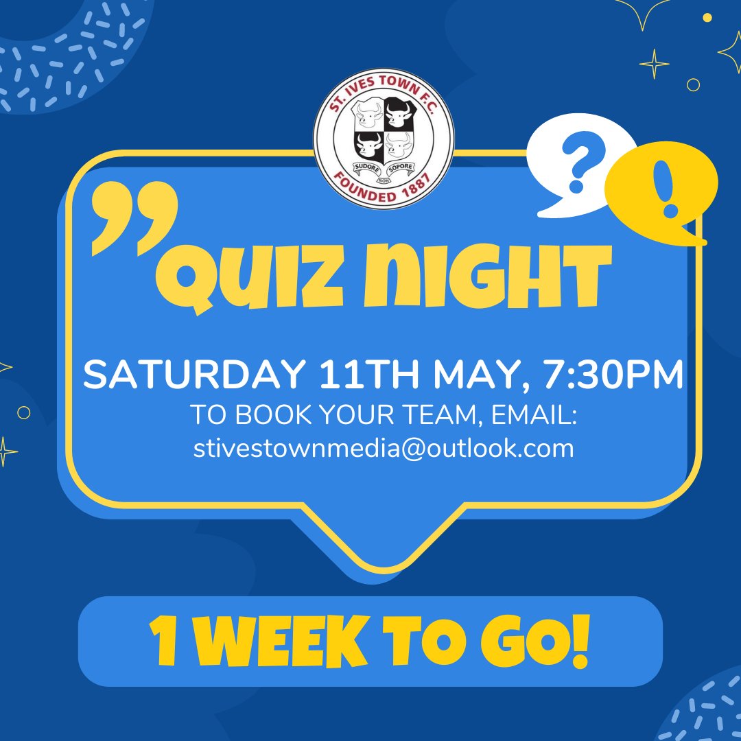 1 WEEK UNTIL QUIZ NIGHT! 💡 Our Quiz Night is just 1 WEEK away, book your team now by emailing 👉 stivestownmedia@outlook.com