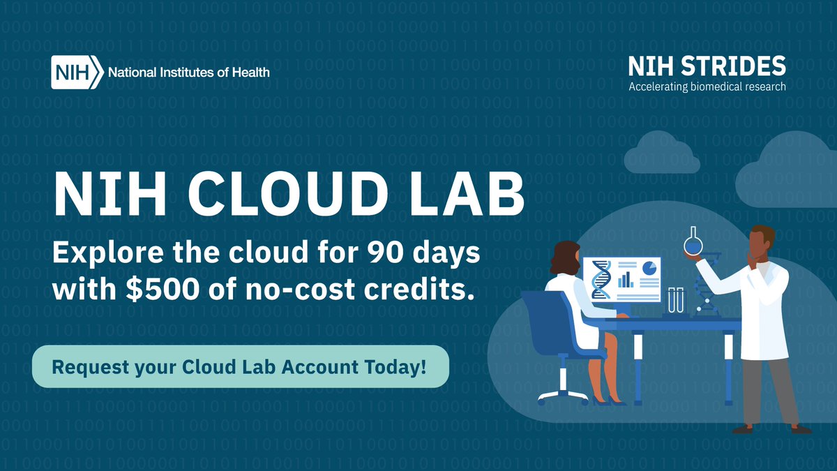 Are you an NIH-affiliated researcher? Check out this bioinformatics program to explore the cloud at no cost in a secure environment with $500 of #AWS, #Azure, or #GoogleCloud credits. Visit the Cloud Lab homepage to learn more! go.nih.gov/eNLYFqn #cloudcomputing