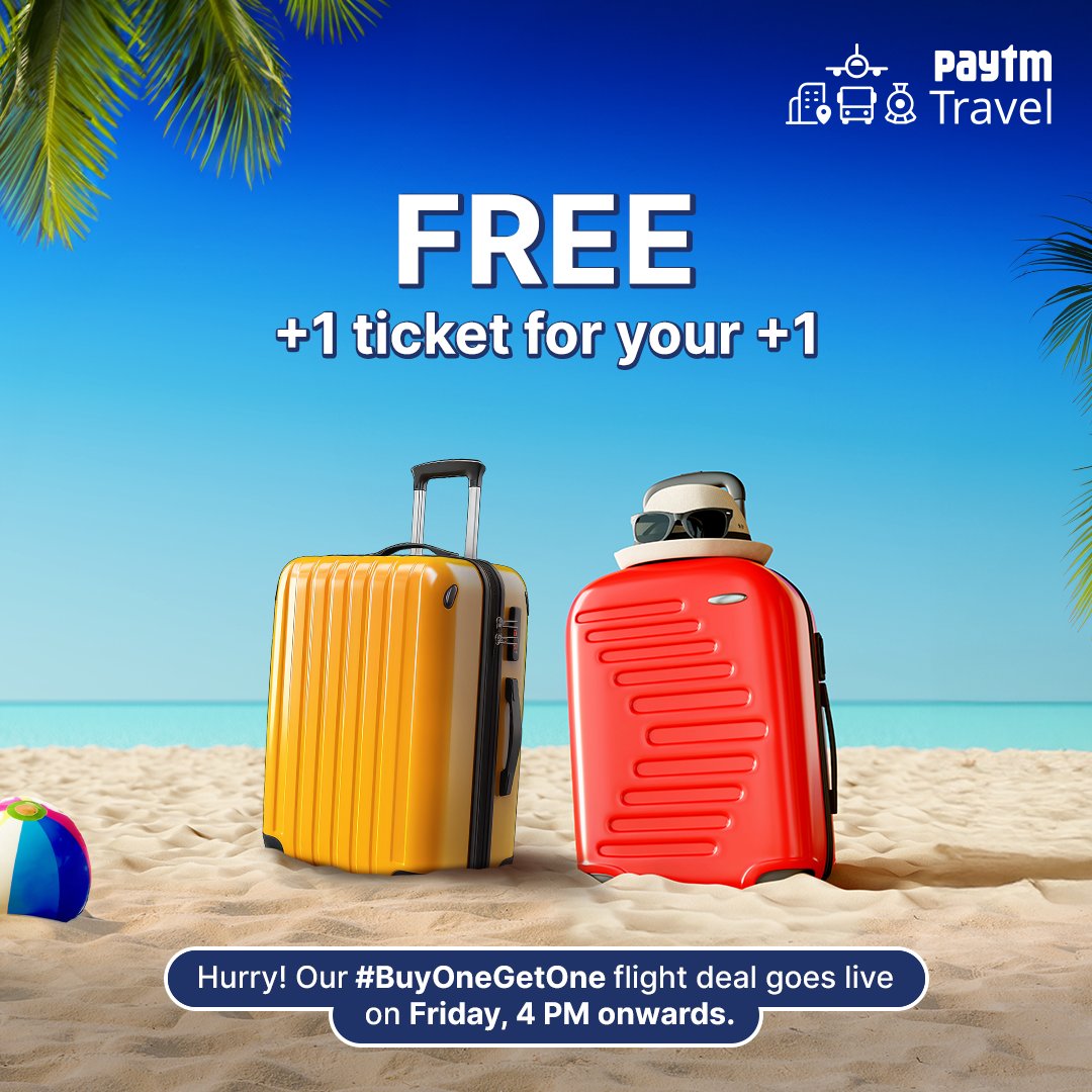 Book flight tickets using the code FREETICKET and get Rs. 5,000 off on your second ticket. 

The deal goes live on Friday, 4 PM onwards.
T&C: paytm.com/offer/flight-t…

#BuyOneGetOne #FreeTicket #Vacations #SummerTravel #Travel #PaytmKaro