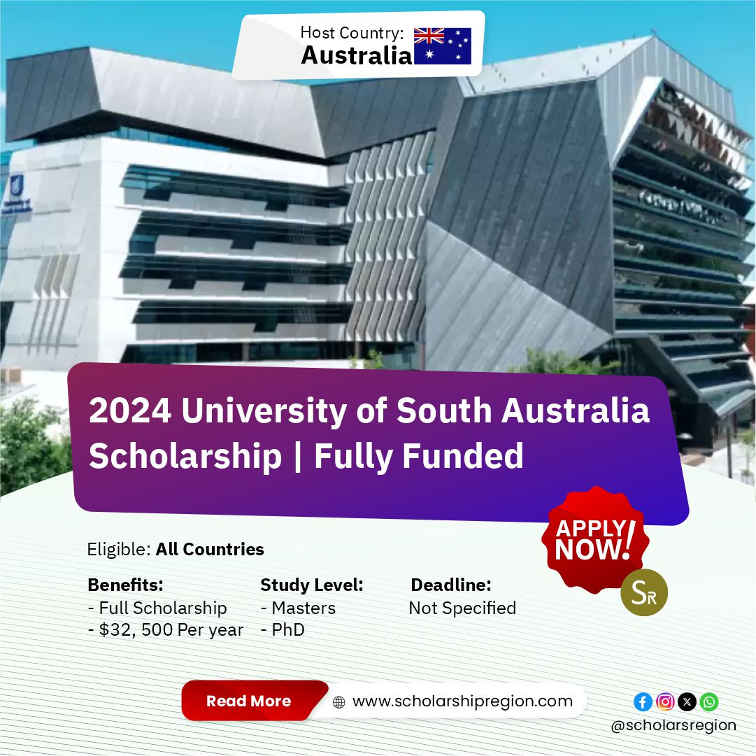 scholarsregion's tweet image. 2024 University of South Australia Scholarship | Fully Funded

Countries: Australia🇦🇺

(i) The University of South Australia Located in Australia is inviting applications for the 2024 South Australia Scholarship.

(ii) The Scholarship is available to students from all countries…