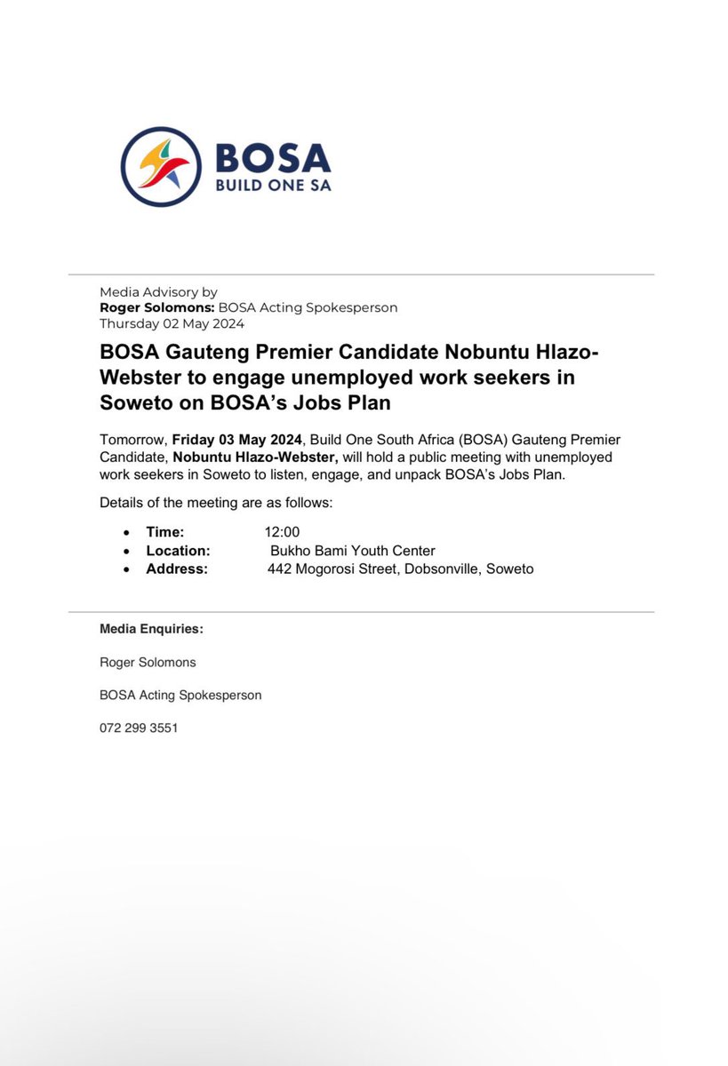 [Media Alert] BOSA Gauteng Premier Candidate Nobuntu Hlazo- Webster to engage unemployed work seekers in Soweto on BOSA’s Jobs Plan #VoteBOSA2024