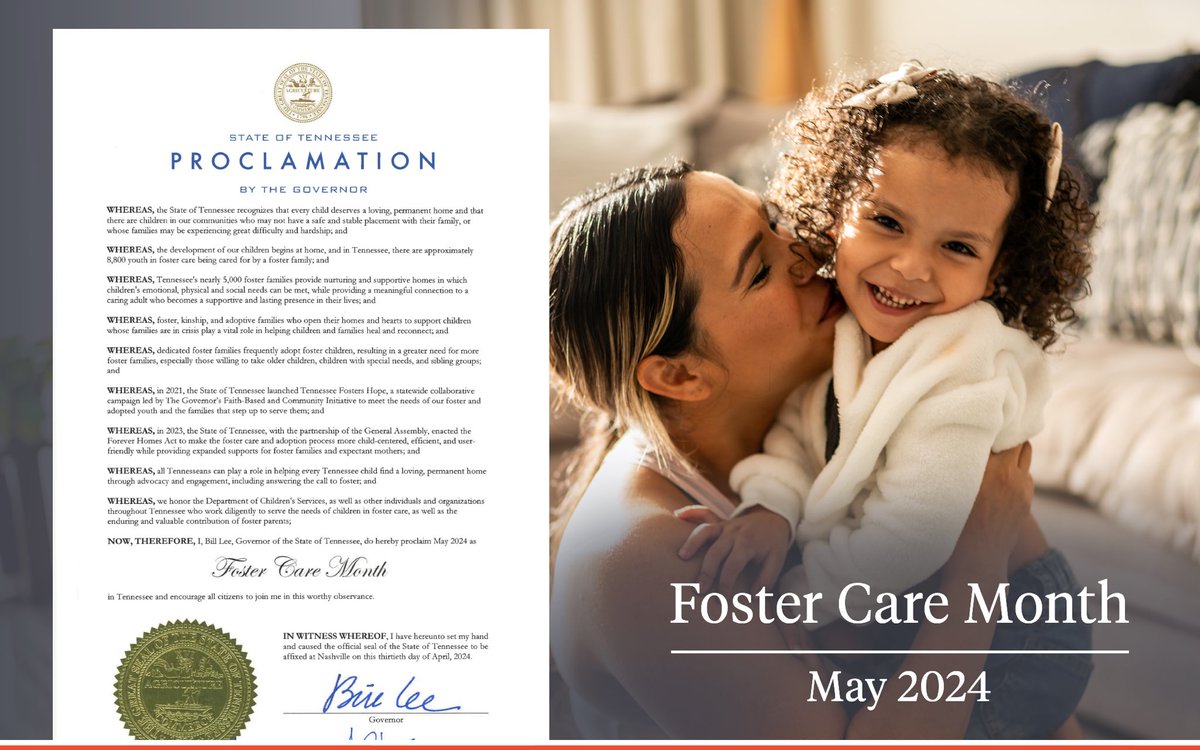 During Foster Care Month, we thank the foster families & caseworkers who provide essential care for children in need across our state. We’ve invested in key supports for foster kids & their caregivers, & we remain committed to providing every TN child with a safe, loving home.