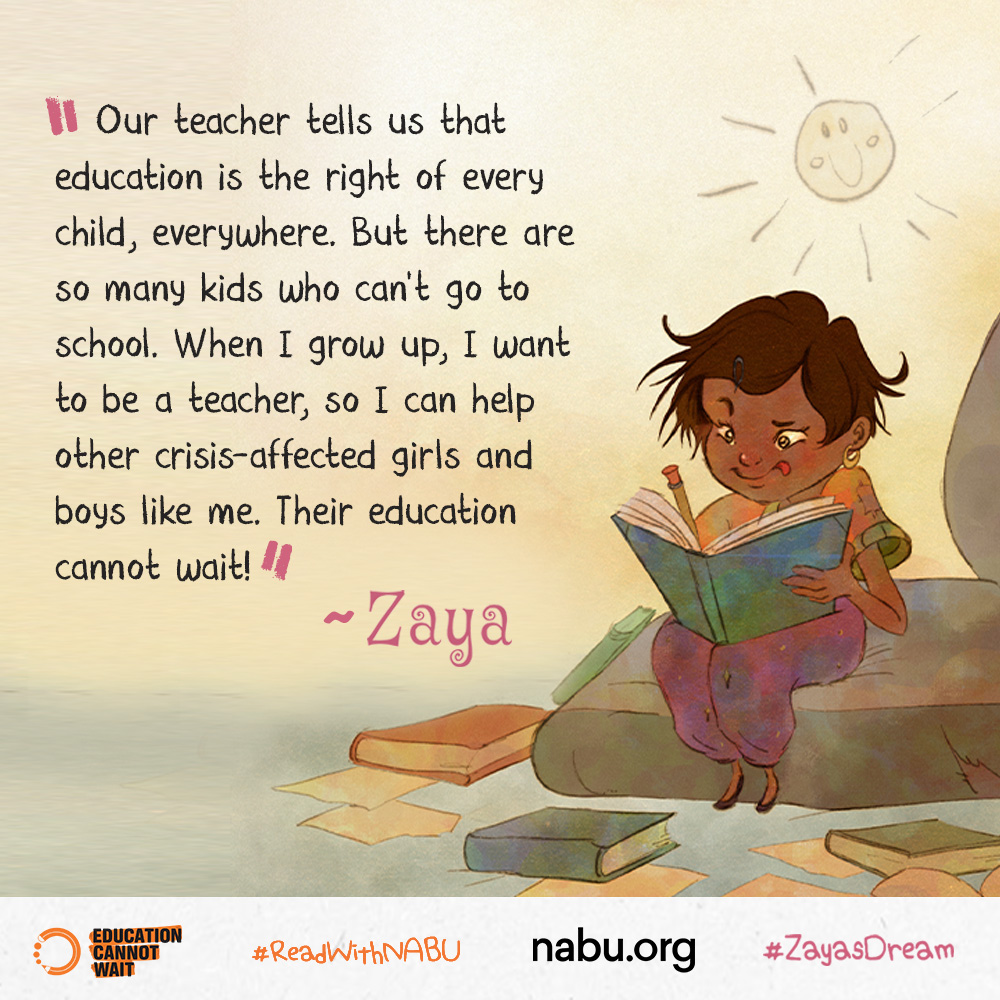 'Our teacher tells us #Education is the right of every child, everywhere. But there are so many who can’t go to school. When I grow up, I want to be a #teacher, so I can help other girls+boys like me. Their #EducationCannotWait!'~Zaya

Read #ZayasDream💫: a.co/d/fXsXenM