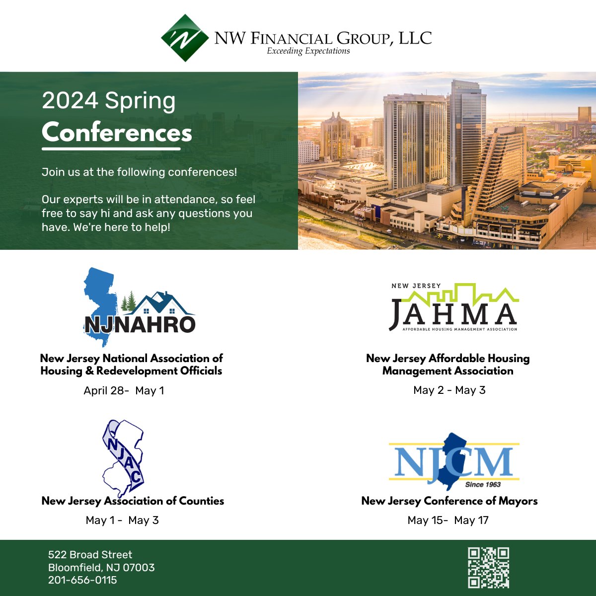 NW Financial professionals will be at the 2024 Spring Conferences!

We can't wait to reconnect with familiar faces and meet new ones at these fantastic events. Have questions or need more info? Send us a message. Otherwise, mark your calendars!

#SpringConference #nwfinancial #NJ