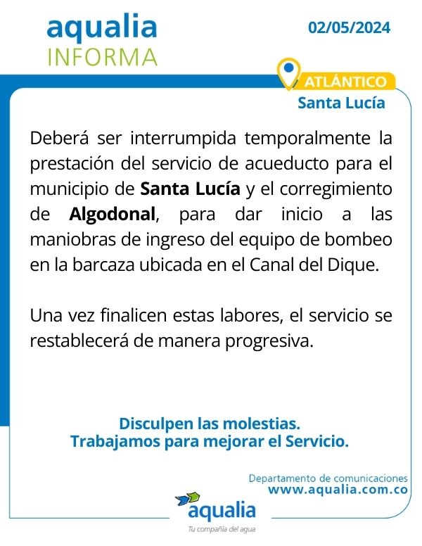 #AqualiaCol_Informa 🇨🇴 | 2 de mayo #Atlántico 📣 Infórmate aquí con nuestro último para #SantaLucía.

#AqualiaColombia