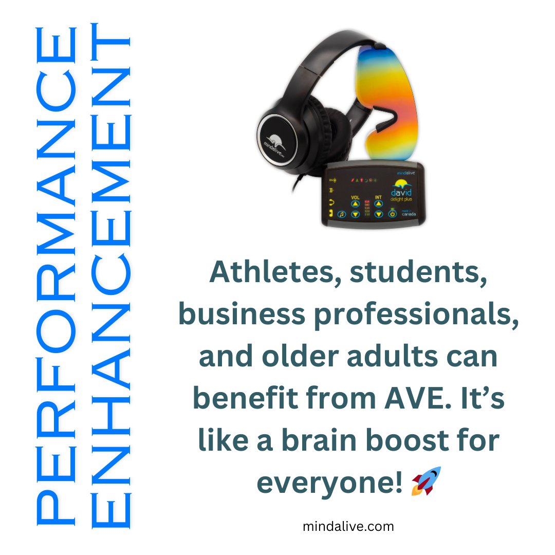 Use #AudioVisualEntrainment (AVE) for #PerformanceEnhancement. #Athletes, #students, #BusinessProfessionals & older adults can benefit from AVE. It’s like a brain boost for everyone! 🚀

Learn more: mindalive.com/pages/solutions

#MindAlive #OlderAdults #PeakPerformance