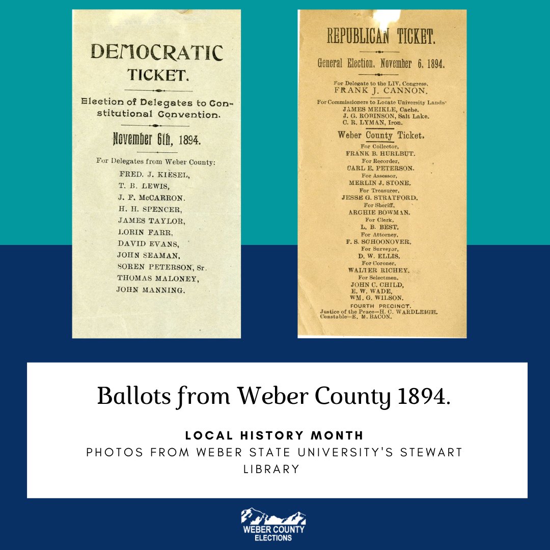 May is local history month; these ballots were cast in Weber County in 1894.
 #localhistorymonth #topictuesday #weberstate #weberelections #webercounty #specialcollections #localhistory #electionhistory #stewartlibrary #throwbackthursday