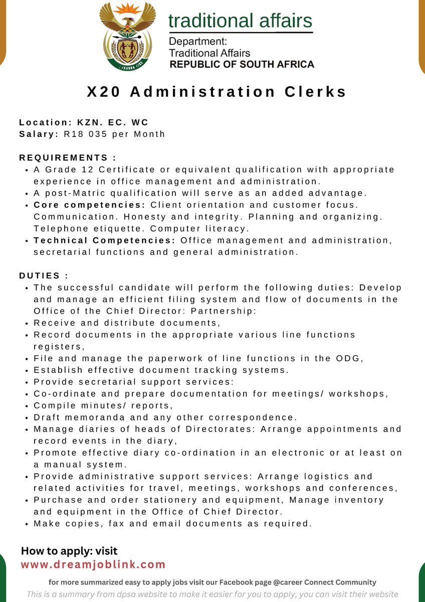 🔌(NEW)X20 Administration Clerks Emalahleni ONLY MATRIC NEEDED Salary: R18 035 per month Requirements * Grade 12 For more details and how to apply, Click the link below and go to “All jobs” ✍ APPLY HERE dreamjoblink.com