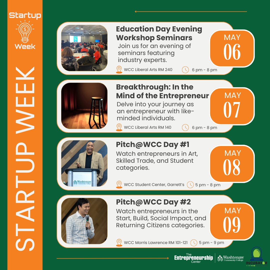 WCC_Careers's tweet image. The Startup Week Education Day Workshops are this upcoming Monday, May 6th! Take a look at the different workshops, featuring Joseph Kjar from Google, Stephanie Peoples from Chase, and David Behen from SensCy.
#FreeWorkshops #GoogleServices #BusinessJourney
@washtenawcc