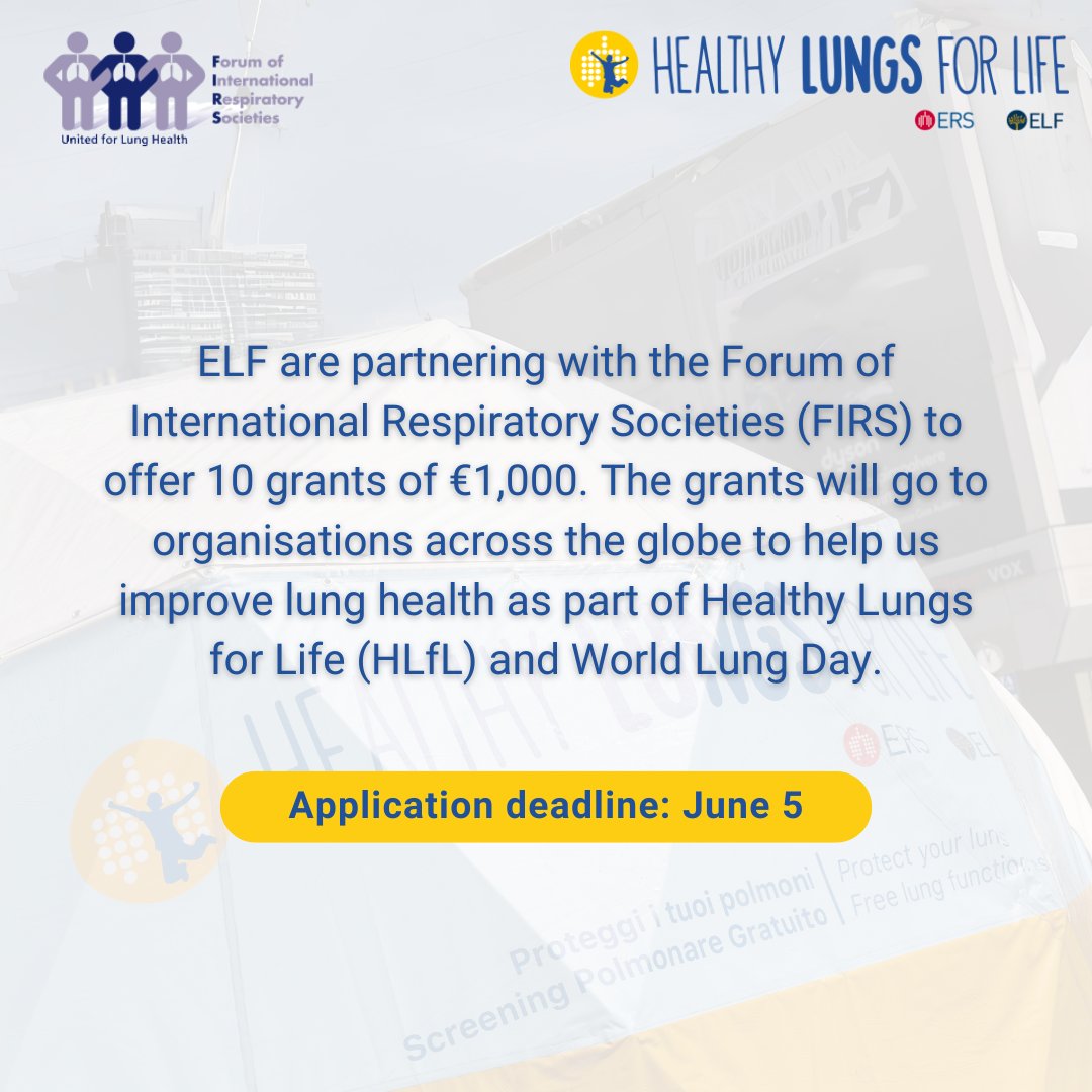 ONE MONTH LEFT to apply for a Healthy Lungs for Life grant! We are thrilled to partner with the @FIRS_LungsFirst to offer 10 grants of €1,000 to organisations across the globe! Learn more: europeanlung.org/en/projects-an… #WorldLungDay #LungHealth #KeepingLungsHealthy @EuroRespSoc