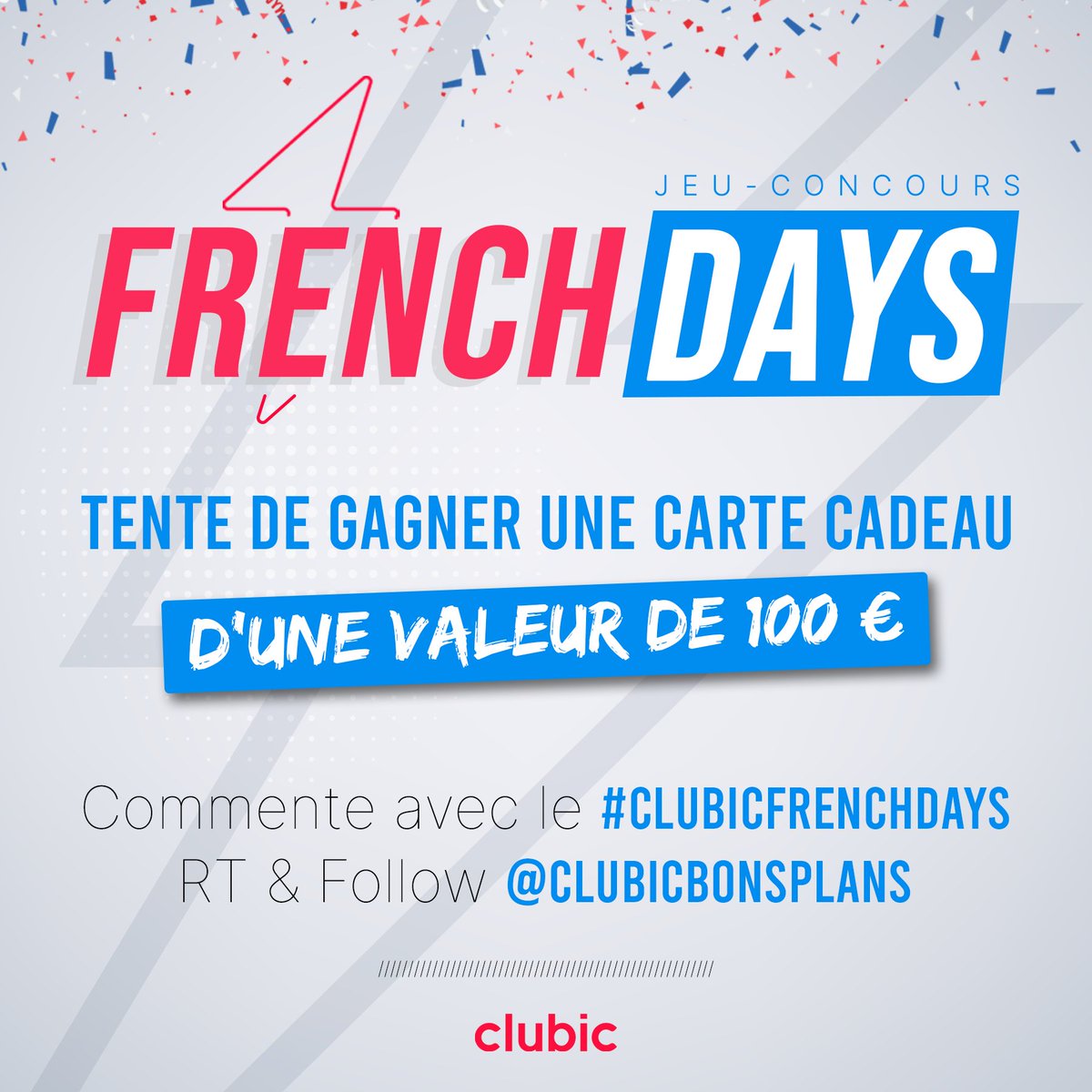 🎁#JeuConcours  
Pour les #FrenchDays, tente de gagner une carte cadeau Amazon d’une valeur de 100€ !  

Pour participer :  

👉 Dis nous ce que tu vas acheter avec le #FrenchDaysClubic 
👉 Mentionne un ami 
👉 RT+Follow <a href="/ClubicBonsPlans/">Clubic Bons Plans</a> 

TAS le 07/05 à 17h 🍀