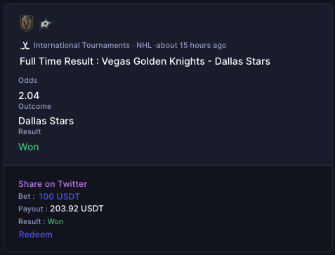 playoff hockey is the best! gonna let this ride all the way to the @DallasStars stanley cup @BetSwirl, powered by @azuroprotocol, powered by @0xPolygon