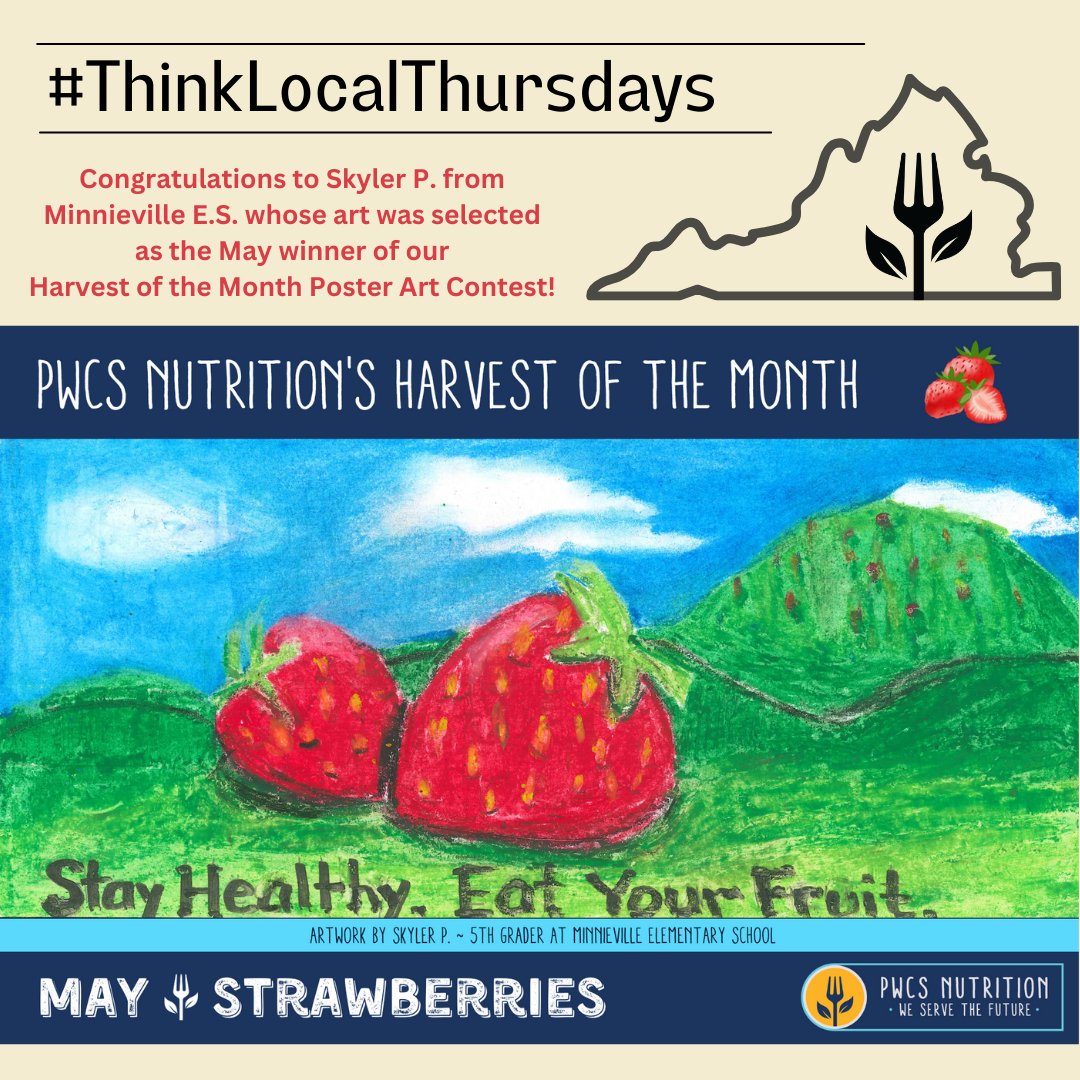 The winner of the May #HarvestOfTheMonth Poster Contest was Skyler P. who was a 5th grader at @MNEStheBest last year and is a 6th grader at @BevilleBobcat this year! Congratulations Skyler! #ThinkLocalThursdays #VaFarmToSchool #SchoolLunch #NoKidHungry