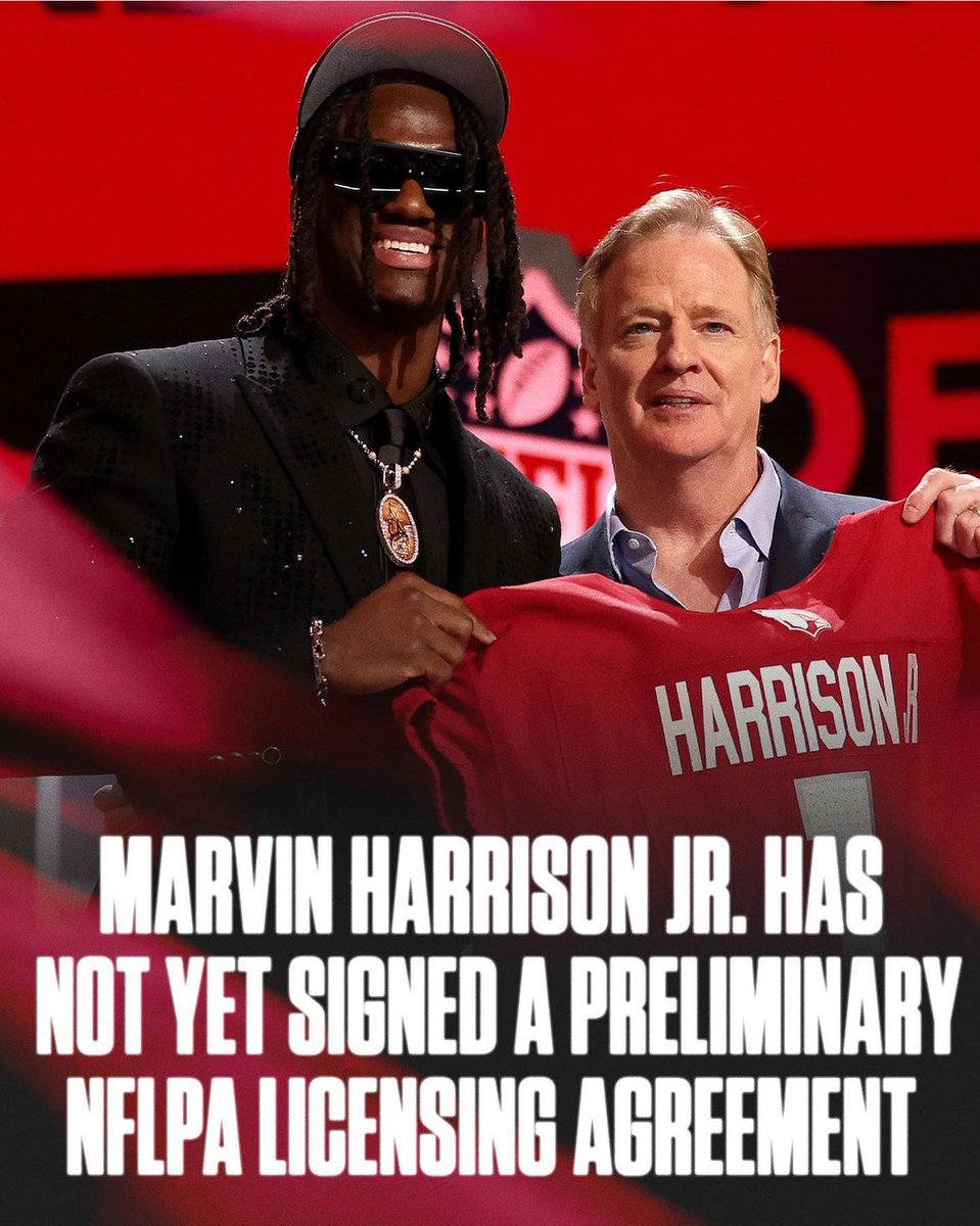 One week after the NFL draft, rookie WR Marvin Harrison Jr. still has not signed a preliminary NFLPA licensing agreement and his Cardinals jersey still is not available for purchase.
