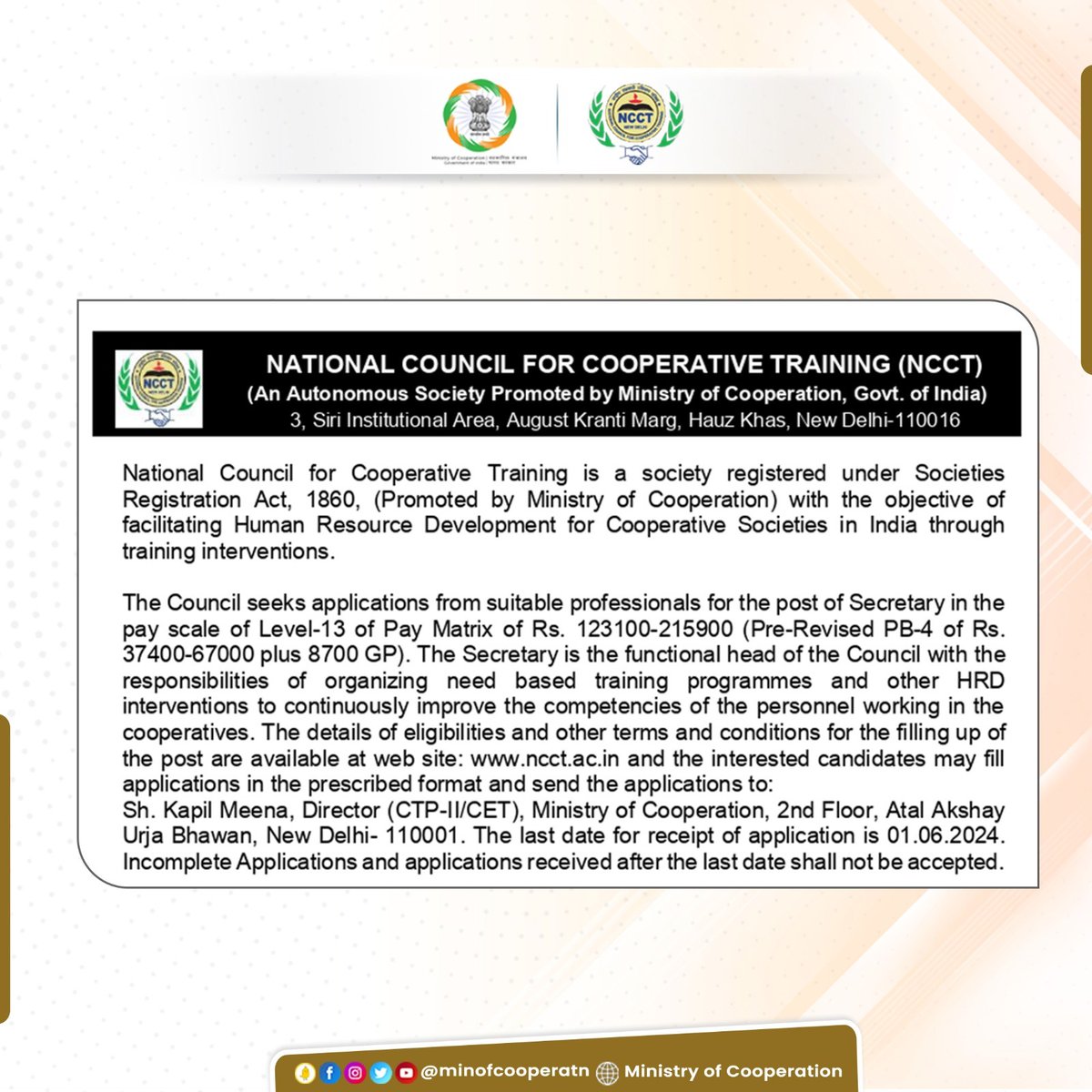 Applications are invited for the post of Secretary by the National Council for Cooperative Training (NCCT). 🗓️ Last Date to Apply: 01.06.2024 For more details please visit NCCT's website 🔗ncct.ac.in #Recruitment #NowHiring #CareerOpportunity @ncct_institutes