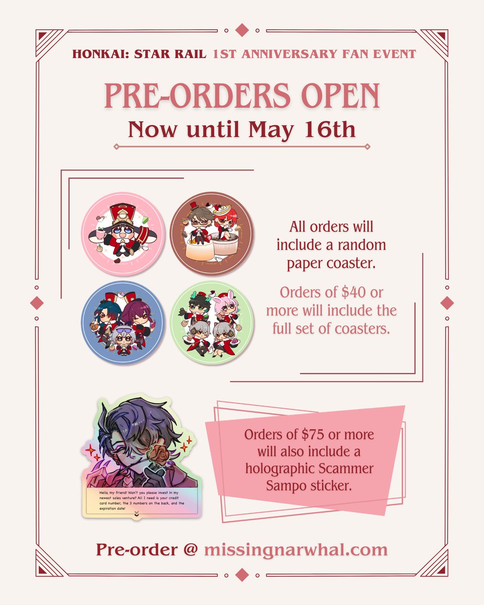 ✦ PRE-ORDERS ARE OPEN! ✦ missingnarwhal.com We will be giving away a free print set to 3 lucky winners! To enter this giveaway, you must: ✦ follow us @missnarwhal_nyc ✦ RT this post The giveaway will close on 5/16, good luck! #HonkaiStarRail #HSR1Year_NYC