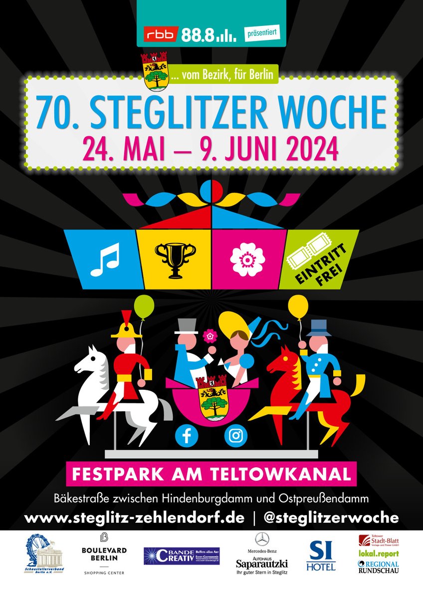 🎉Jubiläum im #Steglitz! Vom 24. Mai bis zum 9. Juni 2024 bietet die 70. #Steglitzer Woche im Festpark am Teltowkanal sowie im gesamten Bezirk den Besucherinnen und Besuchern wieder Spaß und Action. Kommen Sie gerne vorbei.

ℹ️berlin.de/ba-steglitz-ze…