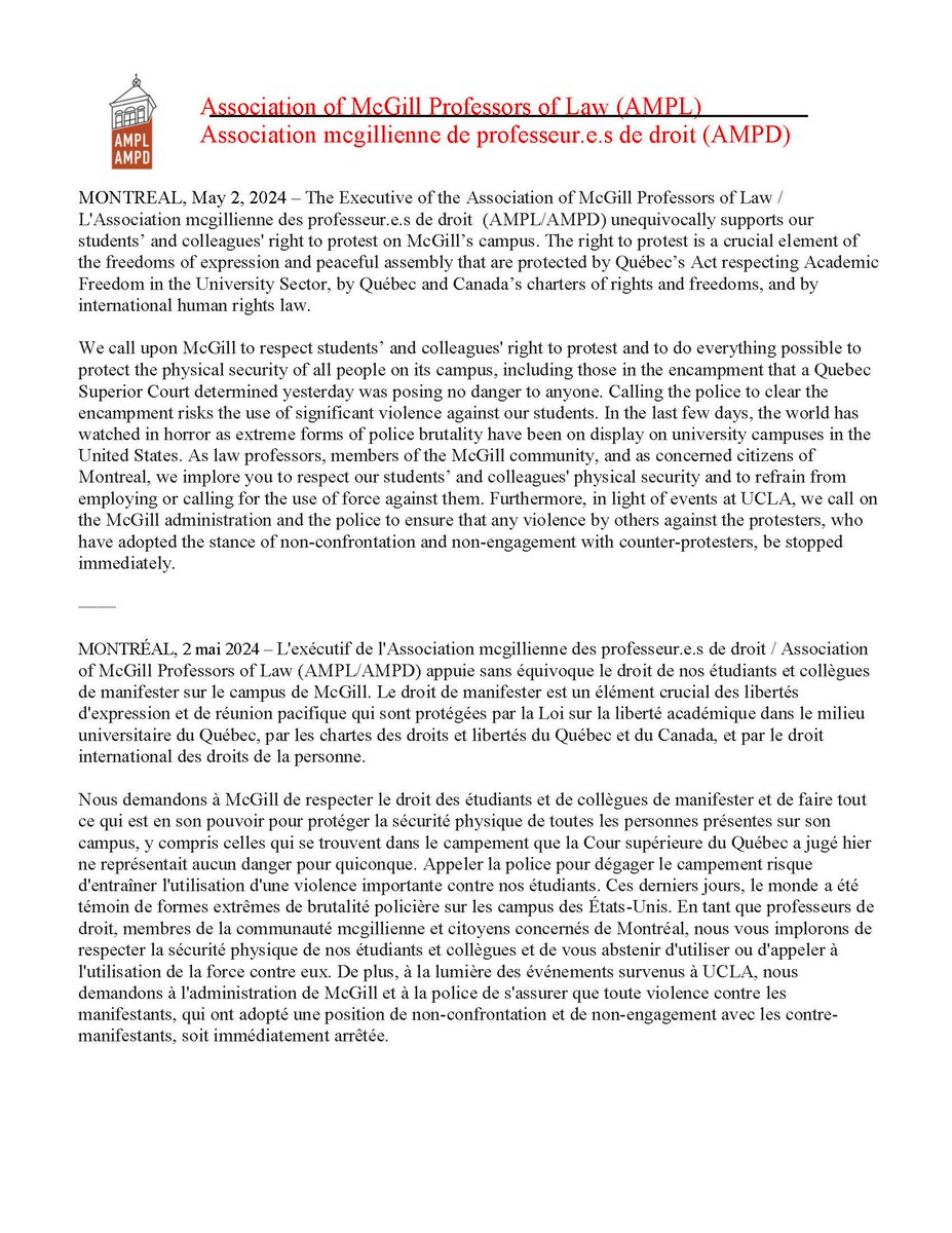 A statement on the right to protest and the need to protect the physical security of all people on @mcgillu campus/Une déclaration sur le droit de manifester et la nécessité de protéger la sécurité physique de toutes les personnes sur le campus de @mcgillu