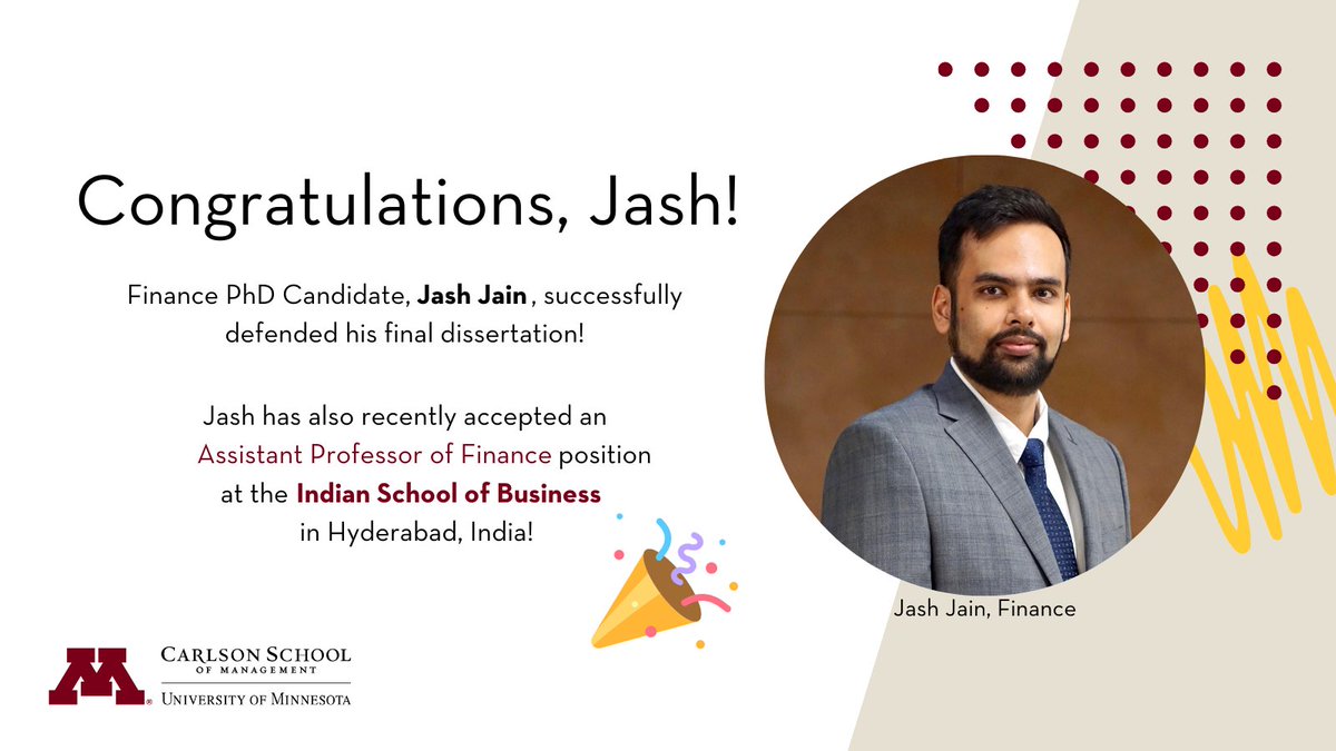 csom_phd's tweet image. 🎉Congrats, Jash on recently passing your final dissertation defense! Your hard work and dedication have paid off immensely. 
Jash has also recently accepted a position at IBS! Wishing you continued success and fulfillment in this exciting new chapter of your career. 👏 #csomphd