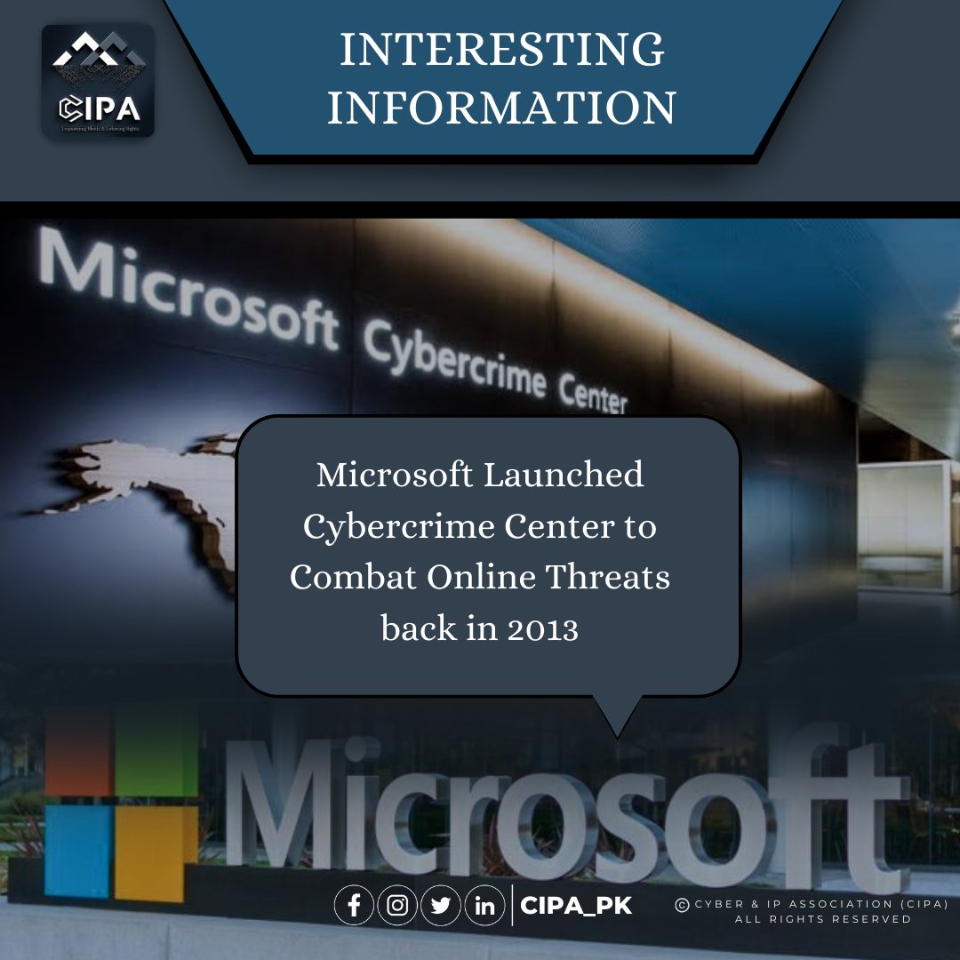 Microsoft has a Cybercrime Center dedicated to fightin*g serious online threa*ts such as malware, intellectual property the*ft, and child exploitatio*n, that makes the Internet safer for everyone.

#Cipa_pk #dataprotection #digitalrights #intellectualpropertyrights  #microsoft