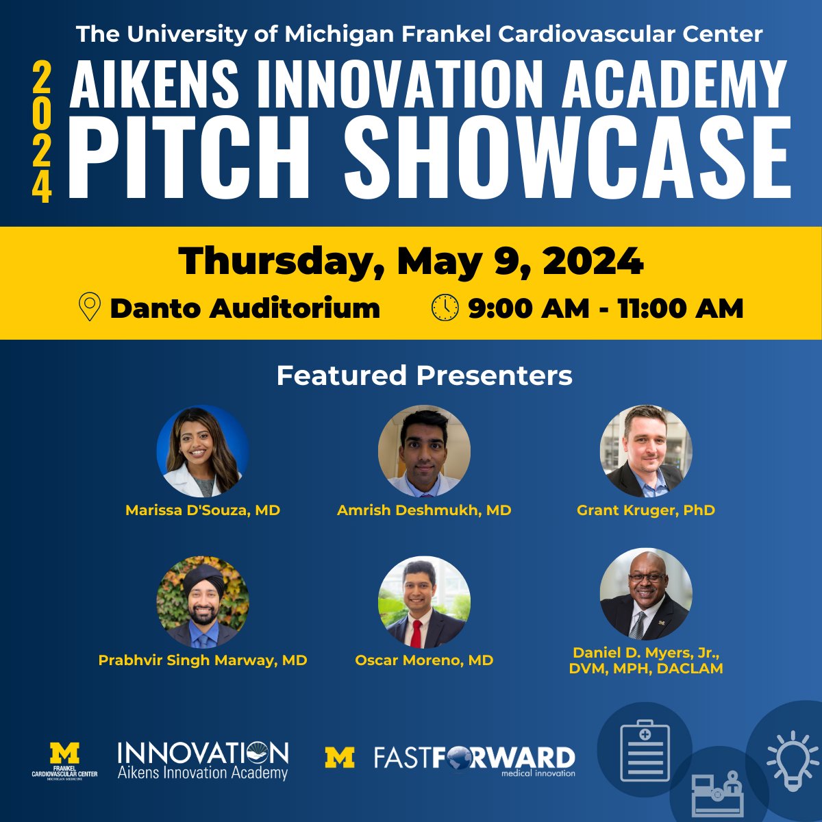 The Frankel CVC and Fast Forward Medical Innovation (FFMI) are excited to host the 6th annual Aikens Innovation Academy Pitch Showcase on Thursday, May 9! Join to hear participants share their ideas for innovations in cardiovascular care. Register: michmed.org/QkKNy