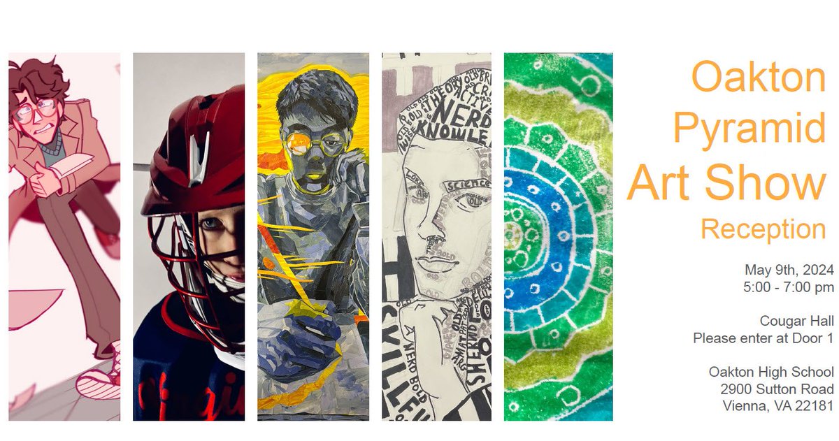 Come and enjoy AMAZING artistic work done by some of our very own Mustangs and nearby schools! 

Thursday, May 9th @ Oakton High School from 5pm - 7pm. 

We hope to see you there!! 😊
<a href="/Mosaic_ES/">Mosaic Elementary School</a>
