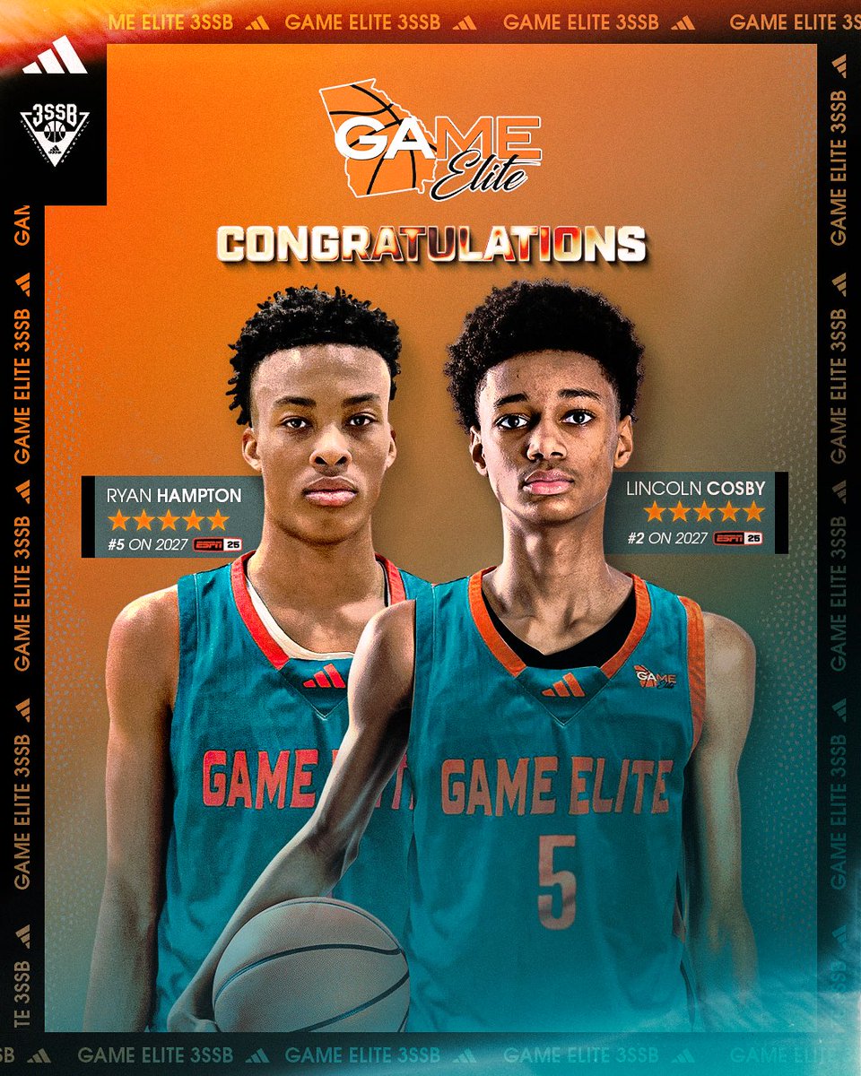 Congrats to our 2027 - 15u guys on their ESPN National Ranking #2 6’9 SF - Lincoln Cosby #5 6’6 SG - Ryan Hampton @gameeliteatl #WeAllWeGot 💪🏾