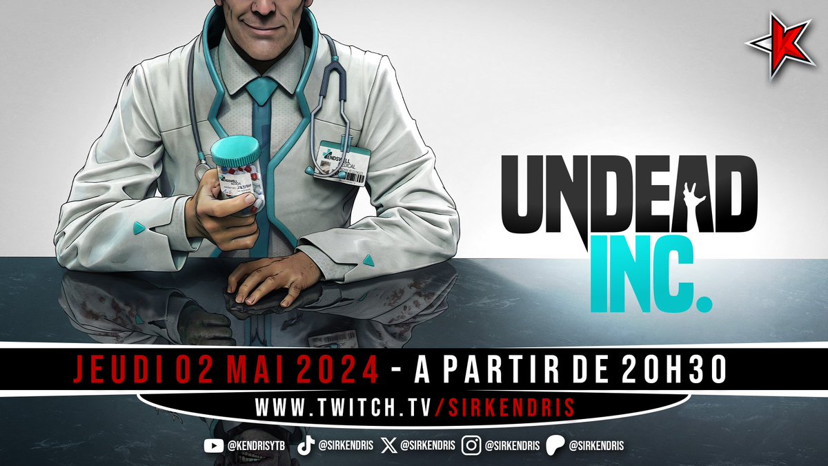SirKendris's tweet photo. [#TwitchFR]

Ton programme du soir sur la K☆TV :

🔹 Découverte de #UndeadInc, un jeu qui nous met aux commandes de la nouvelle Umbrella Corporation, et où bien sûr le sens du profit prévaut largement sur l'éthique ! 🔥

(Merci @Team17 et @eggika_ pour la clé ❤️)

⏰ ~20H30 ⏰