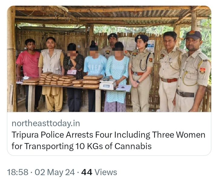 #Tripura | Tripura Police arrests four including three women for transporting 10 kgs of cannabis.

#northeasttoday #NortheastTodaymagazine #Cannabis #seized #Accusedarrest #TripuraPolice