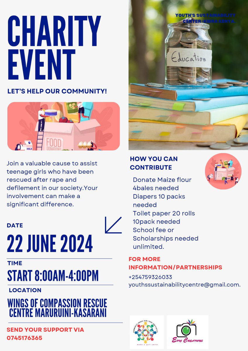 🌟 Exciting Announcement! 🌟
Youth's Sustainability center Charity drive and Program Launch.
 #CharityDrive #EmpowerGirls #EducationForAll #EndGBV #SRHR #ECONOMICEMPOWERMENT
To give #0745 176 365
For inquiries and partnerships call 0759326033