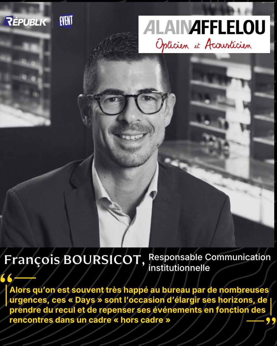 FRANCOIS BOURSICOT, Responsable com institutionnelle ALAIN AFFLELOU ACOUSTICIEN participera aux Days de l'Événementiel, les 21 et 22 mai !
Vous souhaitez devenir partenaire d'Afflelou ? Les Days sont fait pour vous !

Pour plus d'infos et inscriptions : bit.ly/47ruhgS
