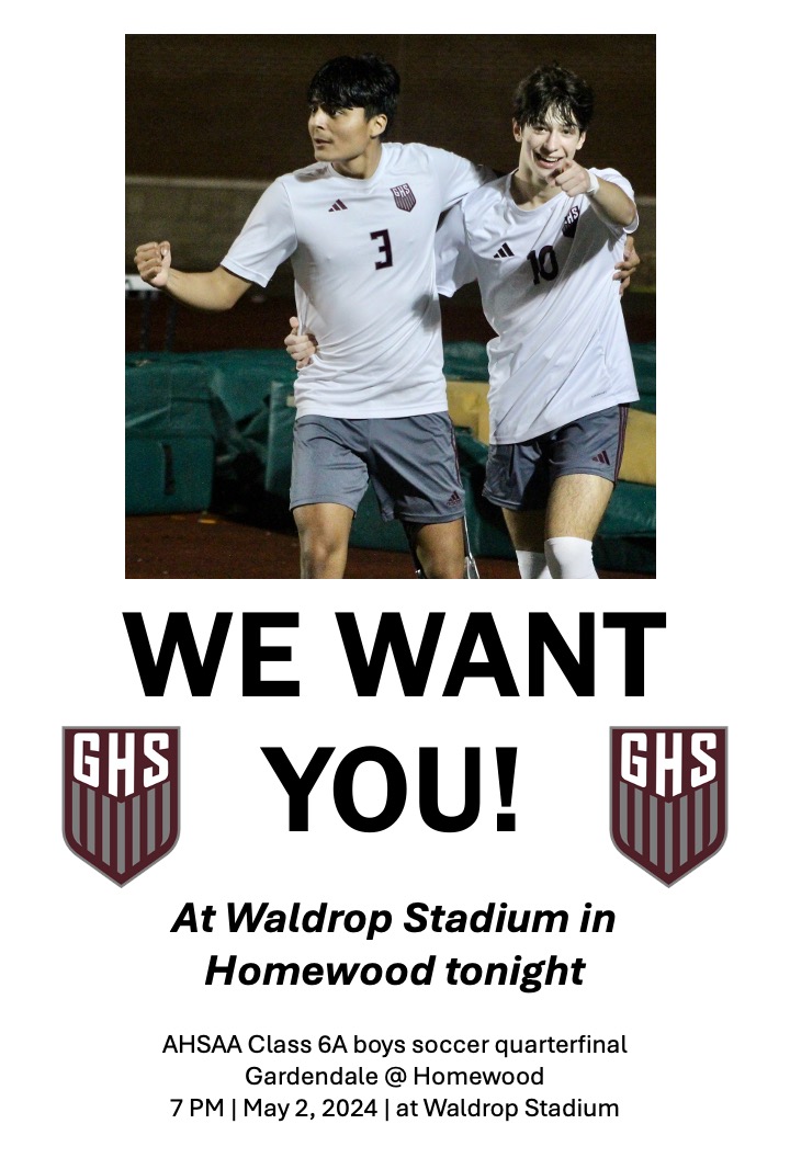 It's GAME DAY! Our @gardendale_high Rockets hit the road for an @AHSAAUpdates Class 6A boys soccer quarterfinal to take on the powerful Patriots from @HWDAthletics Kickoff at 7 PM at Waldrop Stadium. #alpreps @BenThomasPreps @GdaleAthletics @RecruitTheDale