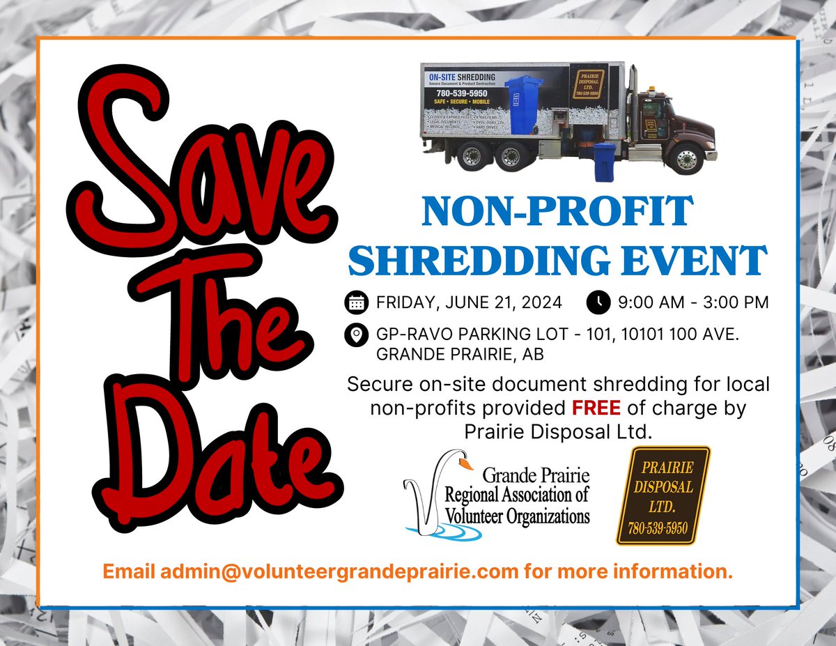 SAVE THE DATE!
Not-For-Profit Organizations in Grande Prairie & Area our Annual Non-Profit Shredding Event is June 21, 2024. For more info visit facebook.com/events/2823590….
Thank you to Prairie Disposal Ltd. for supporting this event.

#GrandePrairie #gpab #CountyofGP #VolunteerGP