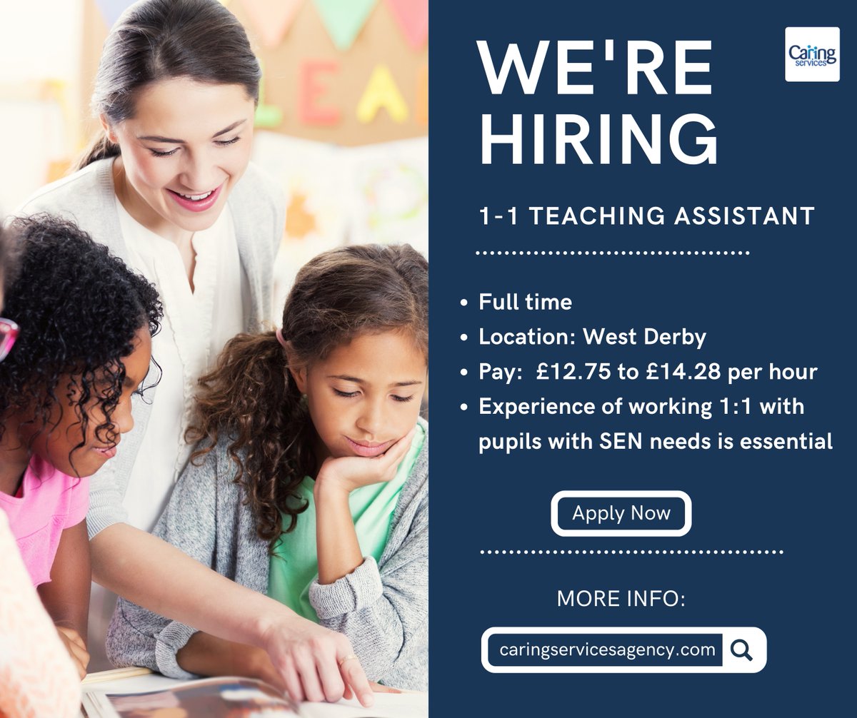 WE ARE HIRING🚨An experienced 1-1 SEN Teaching Assistant to support a pupil with SEN in Year 4 in a Primary School.

📍 Croxteth
⏰ 8:30am to 3:30pm
⭐️ Previous experience of working 1:1 with pupils with SEN needs

To apply or get more information: caringservicesagency.com//vacancy?vacid…