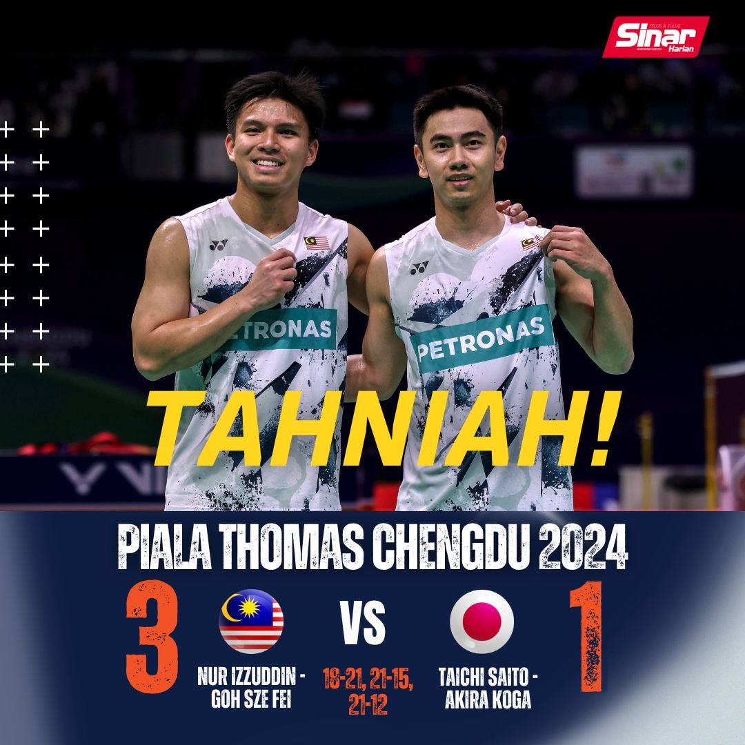 Congratulations to our National team. Two more steps to bring back Thomas Cup. 

Let’s stand together to wish our team Malaysia all the best! 🫶🏼🇲🇾 @TeamMsia @BA_Malaysia 

#StrongerTogether 
#ThomasUberCup2024