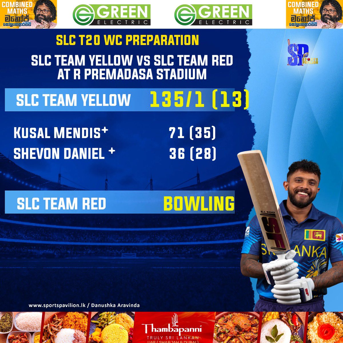 Team Yellow- 135/1 (13 Overs ) 

Kusal Mendis * 71 (35)
Shevon Daniel * 36 (28) 

#sportspavilionlk #T20WC2024 #T20WorldCup