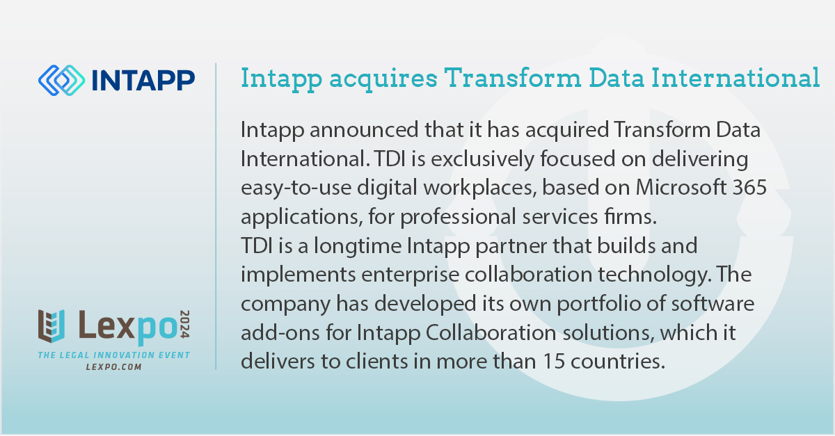 Intapp acquires Transform Data International:

bit.ly/4aX9EeZ

#LegalIT #Legaltech #Lawtech @intapp