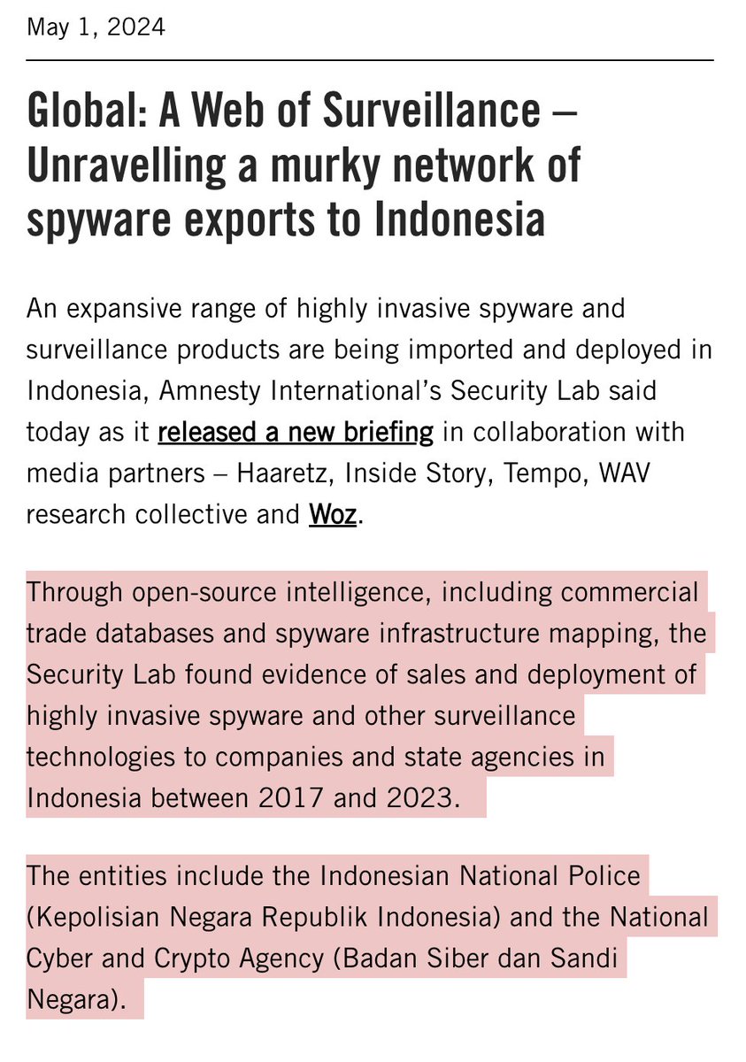 GREAT TO SEE: @AmnestyTech & partners lifting the lid on surveillance sales to #Indonesia Transaction secrecy is a key accelerant for proliferation... ...hiding powers used by governments against citizens & while blunting the chance they will be held to account.