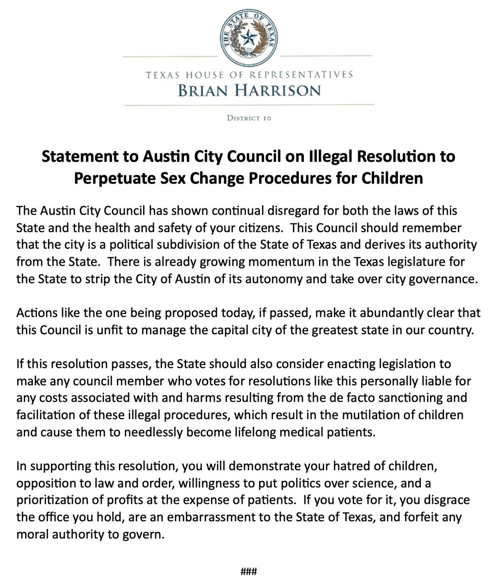 🚨 Breaking: My statement to Austin City Council on their illegal attempt to perpetuate child mutilation in defiance of state law. Thank you to Michelle Evans, who plans to deliver and read this to council members at today's meeting. FULL STATEMENT: The Austin City Council
