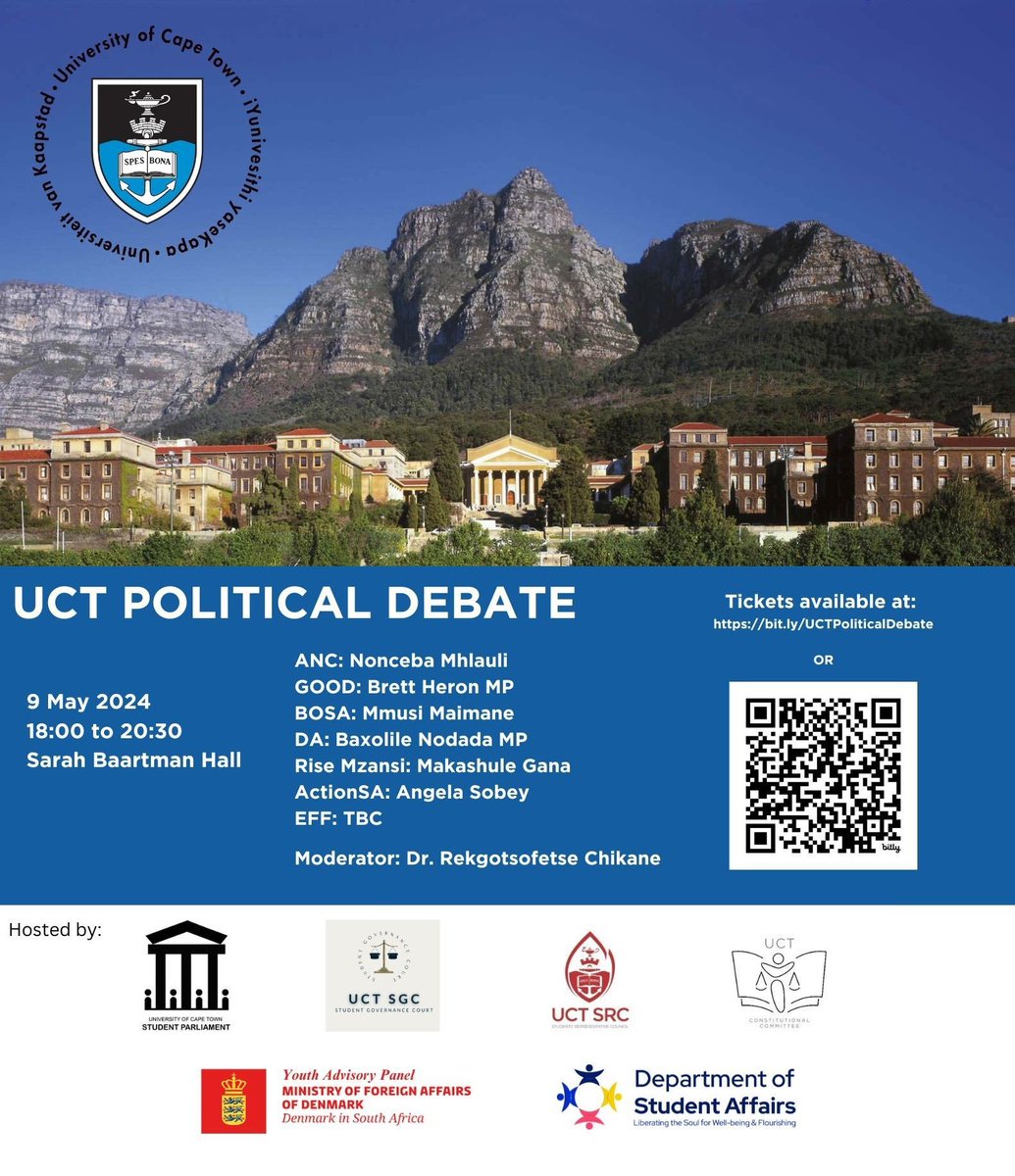 Do not miss the UCT Political Debate, to be co-hosted by the Students’  Representative Council (SRC), featuring senior representatives from Action SA, ANC, Build One South Africa, DA, EFF, Good Party, and Rise Mzansi on Thursday, 9 May 2024. 

Read more: qr.link/eJYaTA