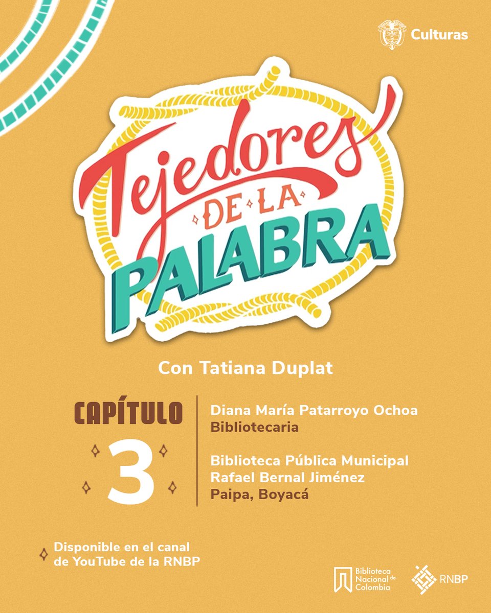 🧵⏯️ ¡Ya puedes ver el tercer capítulo de ‘Tejedores de la Palabra’! La protagonista es Diana María Patarroyo Ochoa, bibliotecaria en la Biblioteca Pública Municipal Rafael Bernal Jiménez, ubicada en Paipa (Boyacá). Diana también es licenciada en educación preescolar. 🧶