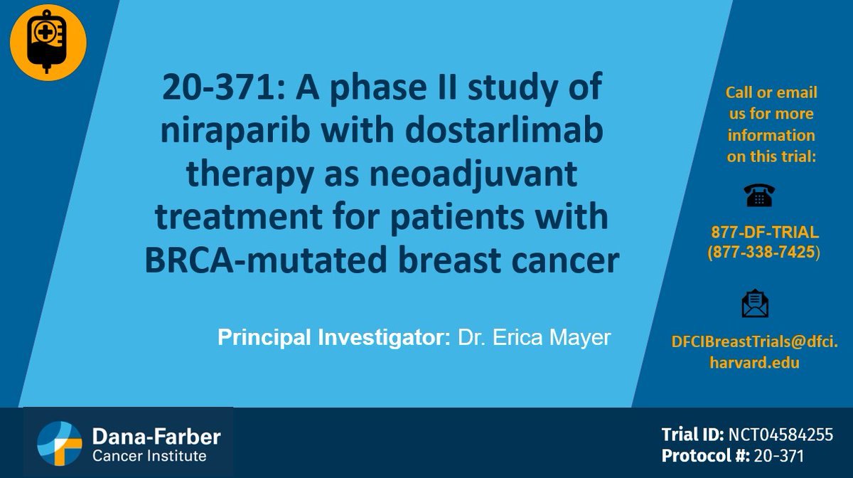 @DFCI_BreastOnc is leading a phase II study of niraparib with dostarlimab therapy as neoadjuvant treatment for patients with BRCA-mutated #BreastCancer.
For more information call 877-338-7425 or visit: dana-farber.org/clinical-trial…