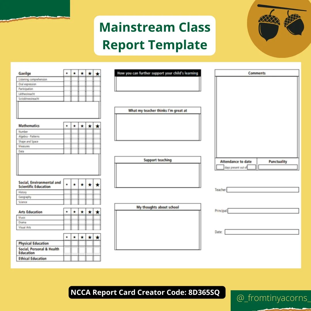 🌟 Report card templates 23/24 🌟 Feel free to share Autism class: 8T2C55A Mainstream: 8D365SQ 1. Go to reportcard.ncca.ie 2. Click 'retrieve a saved report card' 3. Enter the code of the one you'd like to copy 4. Edit for your school 5. Download Report Card