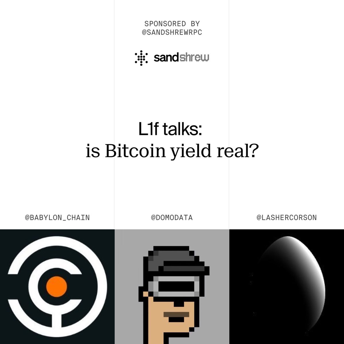 Talking about how to get yield on *native Bitcoin* this Friday with @domodata + staking tech @babylon_chain + sat hunter @lashercorson. Get the reminder below 👇 + thanks to our show’s sponsor @SandshrewRPC and moderator @isabelfoxenduke 🔥