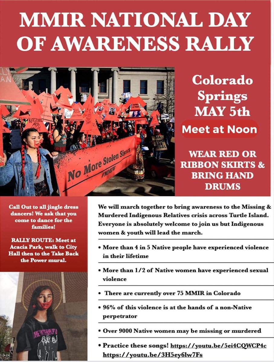 Sunday, May 5 is the MMIR National Day of Awareness. We will be hosting a rally in Colorado Springs. We will meet at Acacia Park at noon to walk to @greggdeal’s Take Back the Power Mural in honor of our stolen relatives. All are welcome. Join us!