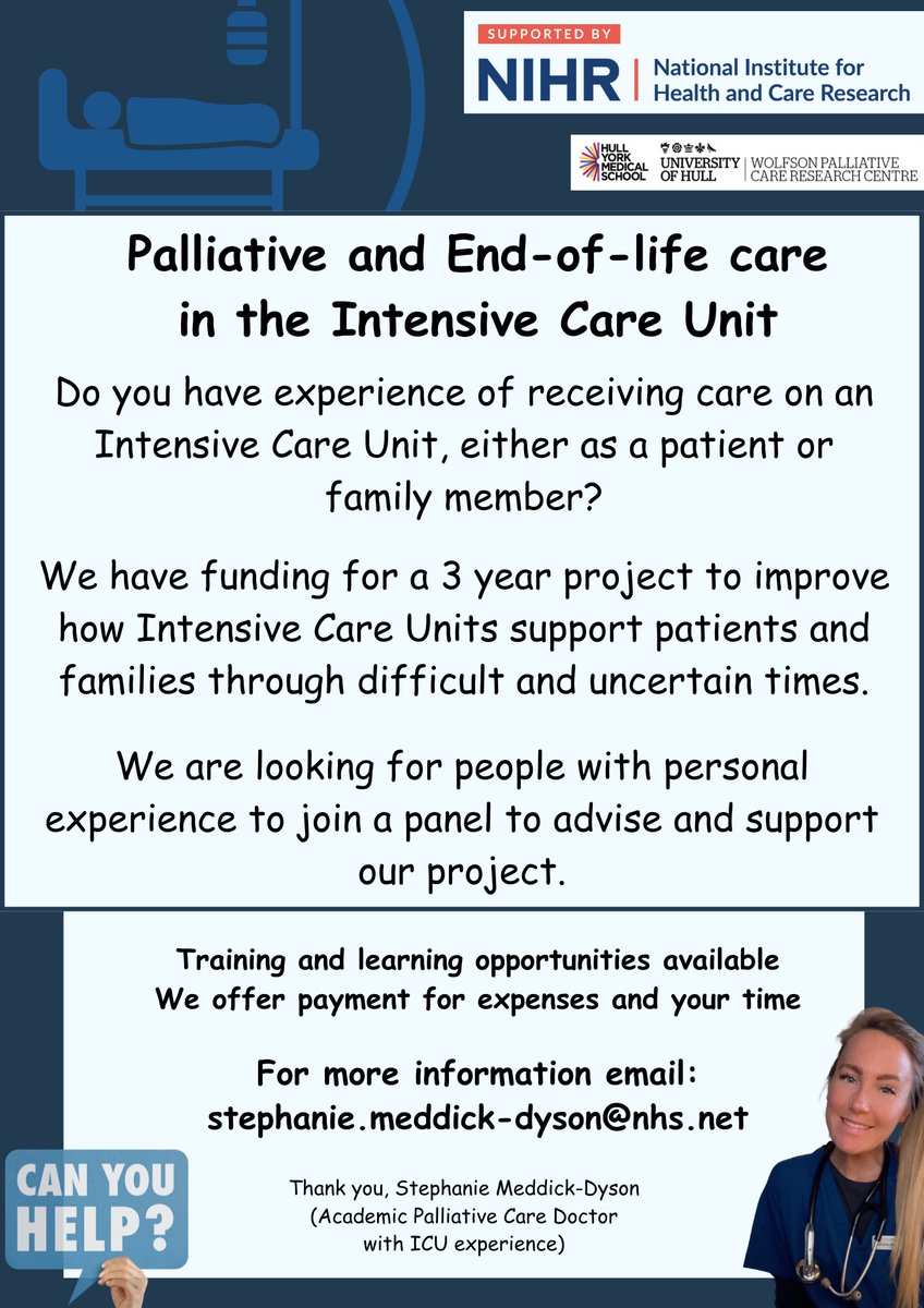 I am honoured to have been awarded an @NIHRresearch Doctoral Fellowship to continue my work around implementation of ICU palliative care with @UniOfHull @wolfsonpallcare. I am now looking to build a PPI panel to advise and support the project. Please share as you see fit.
