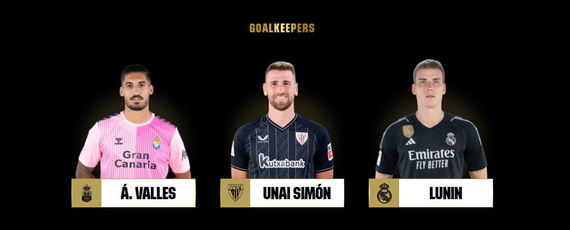 Here are the goalkeeper nominees for La Liga’s Team of the Season:

🇪🇸@Alvarovalles13 - Las Palmas
🇺🇦@AndreyLunin13 - Real Madrid
🇪🇸Unai Simon - Athletic Club