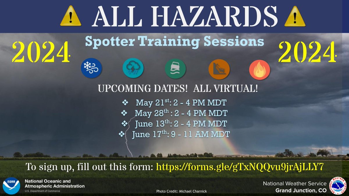 We have four remaining All Hazards #Spotter Training Classes in May and June this year for E UT and W CO! These classes will ALL be virtual through Google Meet. If you are interested, please fill out this form to sign up: forms.gle/gTxNQQvu9jrAjL…. #COwx #UTwx #SKYWARN